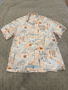 Kenny Flowers White Hawaiian Button-Down with Orange & Light Blue Surf Print